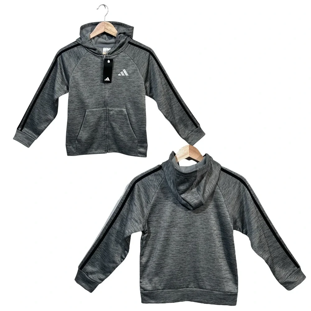 Adidas Boys Full Zip Fleece Hooded Track Jacket Size S‎ (8) Gray Black 3-Stripe